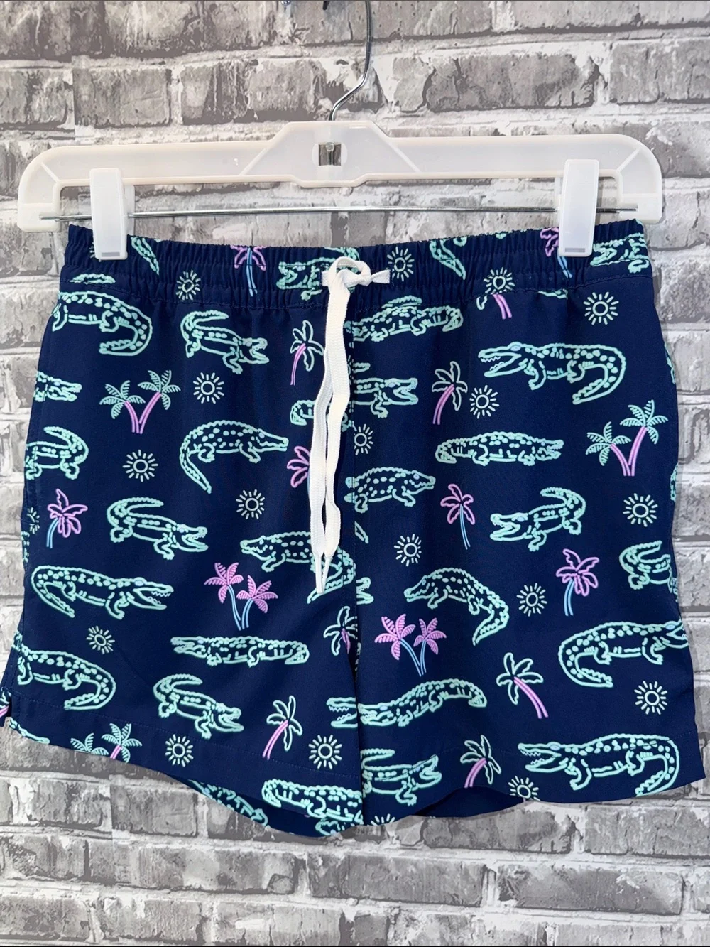 Boy's Chubbies Navy Swim Trunks with Mint & Pink Crocodile Print